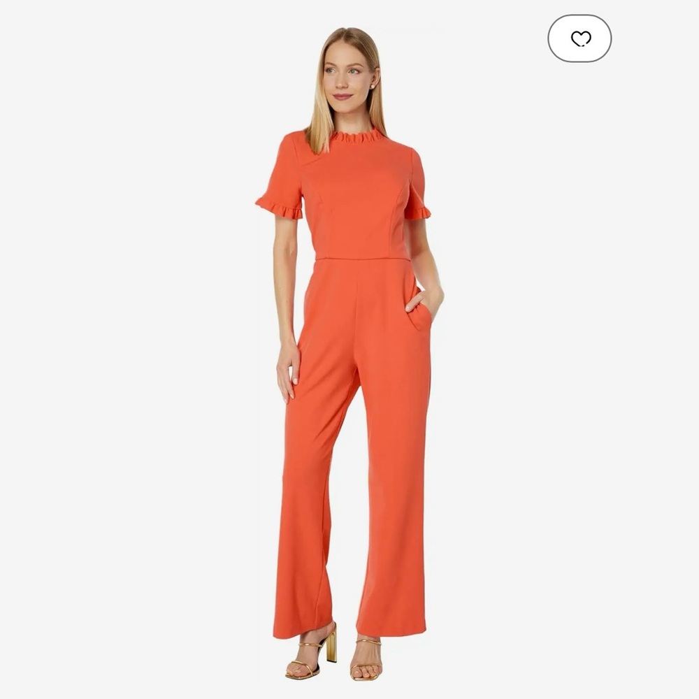 Maggy London Size 6 Ruffle Neck and Sleeve Jumpsuit. Coral